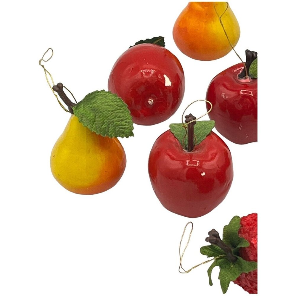 12 Christmas Ornaments Shiny Apples & Pears Glitter Strawberries Green Leaf - Picture 6 of 11
